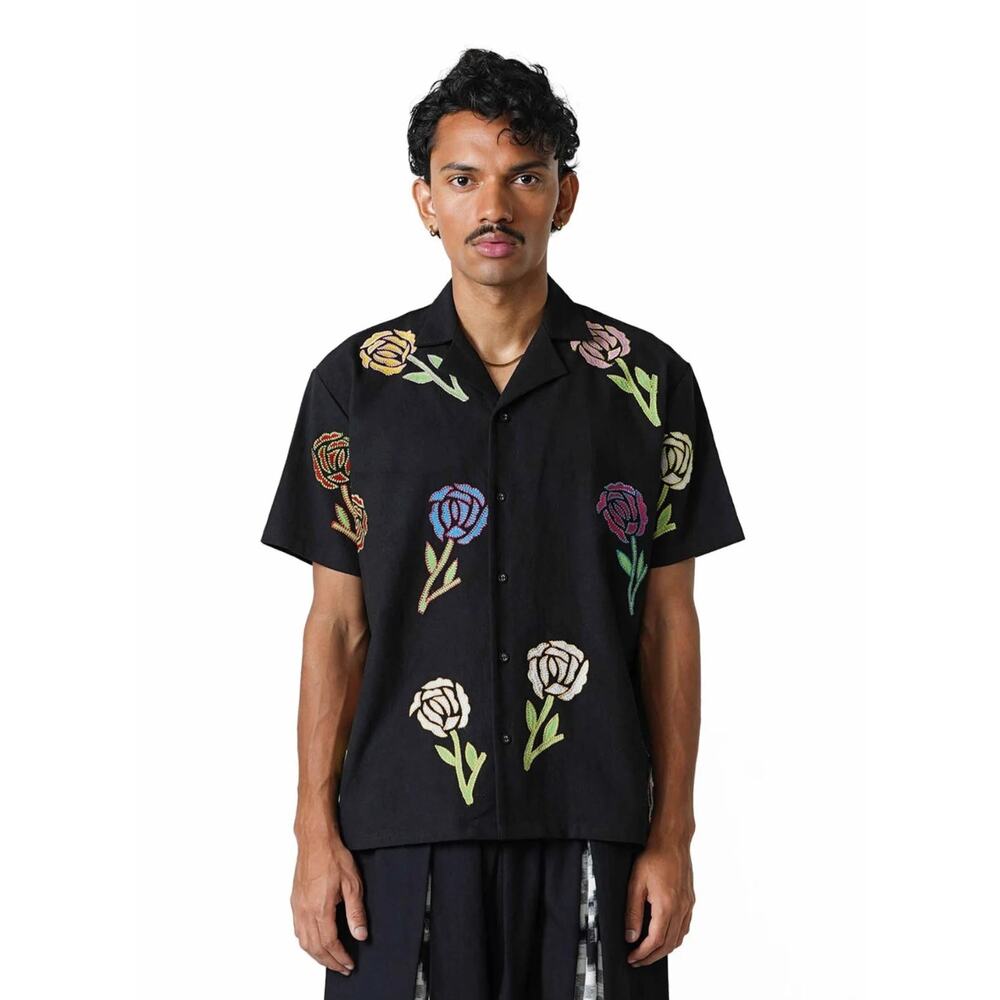 Nor Black Nor White Icicle Embroidered Flowers Black Shirt Size XS - Picture 2 of 8